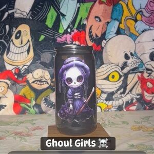 Purple Ghoul Girls plastic cup with lid.